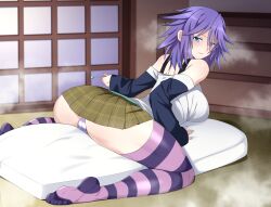 1girls big_breasts breasts lindaroze purple_socks rosario+vampire shirayuki_mizore socks solo striped_socks thigh_socks thighhighs