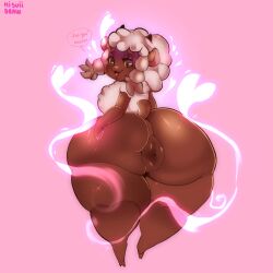 anthro anus ass big_butt coelhinha_artes female fur heart hi_res hisuiidraws huge_butt looking_at_viewer looking_back looking_back_at_viewer nude pink_background pokemon pokemon_(species) pokemon_ss rear_view sheep simple_background solo thick_thighs wool_(fur) wooloo