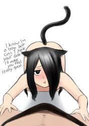 black_eyes black_hair cat_ears cat_tail catboy dbagdraws eye_contact fluffyearedfox hair_covering_eye imminent_oral male/male male_focus male_only nikko_(dbagdraws) oral oral_sex pov shy skinny