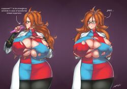 1girls android_21 android_21_(human) areola areola_slip areolae big_breasts blue_eyes blush breast_expansion breasts cleavage clothed clothing dialogue dragon_ball dragon_ball_fighterz drinking ear_piercing earrings english_text female female_only glasses holding_breast huge_breasts lapotato8 nipple_bulge open_mouth ring ripped_clothes ripped_clothing shounen_jump simple_background solo solo_female text thick_thighs voluptuous wide_hips