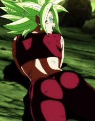 big_ass blue_eyes crop_top dragon_ball dragon_ball_super fusion green_hair hair_tie kefla leggings potara_earrings salvamakoto solo spiky_hair super_saiyan_2 tagme