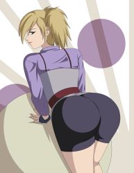 1girls ass behind_view bent_over bike_shorts blonde_female blonde_hair bubble_butt clothed clothed_female clothes clothing dat_ass elmonais female female_only fingerless_gloves folding_fan fully_clothed green_eyes looking_at_viewer looking_back naruto naruto:_the_last posing short_shorts shorts solo temari twintails