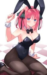 animal_ears arm_up bangs black_bow black_bowtie black_leotard black_ribbon blue_eyes blunt_bangs blush bow bowtie breasts brown_pantyhose checkered_floor cleavage covered_navel detached_collar fake_animal_ears female go-toubun_no_hanayome hair_ribbon highres large_breasts leotard long_hair medium_hair nail_polish nakano_nino pantyhose pink_hair playboy_bunny profnote rabbit_ears rabbit_tail ribbon shoes solo strapless strapless_leotard tail two_side_up white_background wrist_cuffs