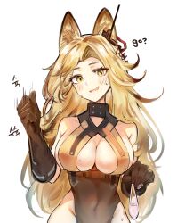 absurdres animal_ears arknights bare_shoulders black_gloves breasts brown_hair brown_shirt cat_ears cleavage commentary_request condom covered_navel cowboy_shot cum earpiece elsi english_commentary female gloves groin handjob_gesture highres holding holding_condom korean_commentary korean_text large_breasts long_hair looking_at_viewer mixed-language_commentary no_panties quercus_(arknights) shirt simple_background sleeveless sleeveless_shirt solo sweat used_condom white_background yellow_eyes