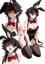 1girls animal_ears bangs bare_shoulders black_hair black_leotard black_thighhighs blush bow bowtie braid breasts bunny_ears bunnysuit detached_collar fake_animal_ears fake_tail female frown fushiguro_megumi garter_straps genderswap_(mtf) green_eyes hair_between_eyes hand_under_clothes jujutsu_kaisen leotard long_hair looking_at_viewer looking_to_the_side medium_breasts multiple_views open_mouth playboy_bunny rabbit_ears rabbit_tail red_bow red_bowtie rule_63 simple_background sitting stockings strapless strapless_leotard tail thick_thighs thighhighs thighs vermilli000n very_long_hair wariza white_background