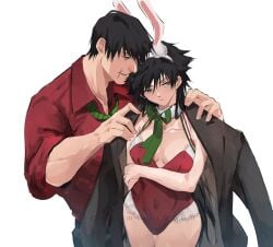 1boy 1girls animal_ears bangs black_hair black_jacket borrowed_garments breasts bunny_ears bunnysuit christmas cleavage fake_animal_ears father_and_daughter female frown fur_trim fushiguro_megumi genderswap_(mtf) green_eyes green_necktie hair_between_eyes highleg highleg_leotard jacket jacket_on_shoulders jujutsu_kaisen leotard long_hair male mature_male medium_breasts muscular muscular_male neck_ribbon necktie playboy_bunny rabbit_ears red_leotard red_shirt ribbon rule_63 scar scar_on_face scar_on_mouth shirt simple_background toji_fushiguro vermilli000n very_long_hair white_background