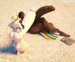 2futas 3d beach bikini dark-skinned_futanari dark_skin duo erection feet futa_only futanari huge_ass huge_breasts hyper hyper_balls hyper_penis legs_crossed light-skinned_futanari light_skin looking_at_another lying_down mercy naked nipples original_character overwatch renrenrew shocked shocked_expression size_difference standing thick_lips towel