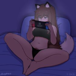 1:1 1girls absurd_res animal_ears brown_eyes brown_hair cat_ears cat_tail dark_room dbagdraws fluffyearedfox fox_ears fox_girl fox_tail fringe gaming hi_res long_hair nintendo nintendo_switch on_bed petite playing_videogame ruby_(dbagdraws) spread_legs teenager video_games