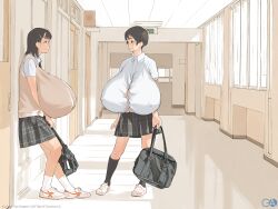 2girls bag black_skirt breasts_bigger_than_head breasts_bigger_than_torso bursting_breasts button_gap casual collared_shirt enormous_breasts female female_only full_body gafaskamo gigantic_breasts hyper hyper_breasts indoors kamo_(gafas) multiple_girls overflowing_breasts school school_uniform schoolgirl shirt short_hair skirt slice_of_life sneakers standing sweater_vest tagme white_shirt