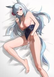 absurdres after_sex after_vaginal animal_ears barefoot blue_hair blue_swimsuit braid breasts censored clothes_pull corrugatedrush cum cum_in_pussy ear_ribbon female highres horse_ears horse_girl horse_tail large_breasts legs long_hair looking_at_viewer lying mejiro_ardan_(umamusume) mosaic_censoring nipples on_side one-piece_swimsuit parted_lips purple_eyes pussy red_ribbon ribbon soles solo swimsuit swimsuit_pull tail thighs toes tracen_swimsuit umamusume