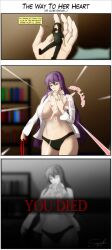 1boy 1girls beard big_breasts black_beard black_hair comic doki_doki_literature_club duo giantess heart holding_ribbon open_shirt panels pink_text purple_eyes purple_hair ribbon sergiroth short_comic size_difference text text_box tiny tiny_human tiny_male you_died yuri_(doki_doki_literature_club)