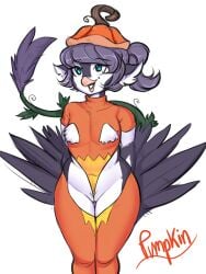 anthro avian beak bird birddi blue_eyes clothing costume digital_media_(artwork) feathers female food fruit glacierclear grey_body grey_feathers hair hi_res looking_at_viewer pinup plant pose pumpkin simple_background solo tail_tuft tuft white_body white_feathers wings