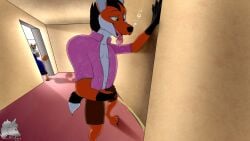 anatomically_correct anthro being_watched bodily_fluids bubble canid canine canis corner domestic_dog drooling drunk drunk_bubble duo female genital_fluids genitals hallway hi_res holding_penis leaning_on_wall looking_at_another lyca_(lycadio) lycadio male male/female mammal maned_wolf peeing penis saliva shiba_inu spitz substance_intoxication urine watersports