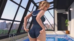 1girls 3d adjusting_swimsuit alternate_hairstyle ass blonde_female blonde_hair blue_eyes blush breasts clothed clothing dead_or_alive dead_or_alive_5 eyeshadow female female_only looking_at_viewer looking_back makeup marie_rose one-piece_swimsuit petite ponytail pool poolside sailor_collar school_swimsuit solo solo_focus standing swimming_pool swimsuit vizeta