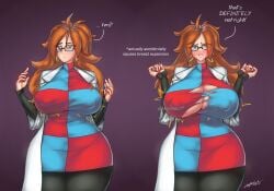 1girls android_21 android_21_(human) big_breasts blue_eyes blush breast_expansion breasts cleavage clothed clothing dialogue dragon_ball dragon_ball_fighterz drinking ear_piercing earrings english_text female female_only glasses huge_breasts lapotato8 nipple_bulge ring ripped_clothes ripped_clothing shounen_jump simple_background solo solo_female text thick_thighs voluptuous wide_hips