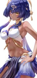 1girls 2022 breasts brown_skin candace_(genshin_impact) clothed clothed_female female female_only genshin_impact hand_on_hip heterochromia hips large_breasts long_hair purple_eyes purple_hair slim_waist twintails uenoryoma yellow_eyes