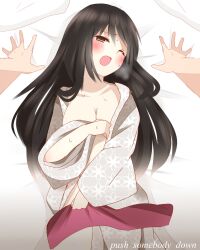 big_breasts black_hair blush covering_breasts dubious_consent imminent_sex kimono non(artist) one_eye_closed open_clothes open_kimono open_mouth original original_character sweat