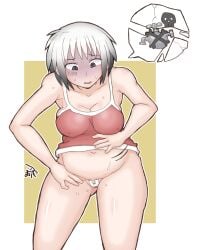 1girls bathroom_control bladder_bulge blush female female_only full_bladder grey_eyes grey_hair no_panties partially_visible_vulva pixiv quizao_zi sweat sweatdrop