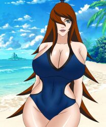 1girls arms_behind_back bare_legs bare_shoulders big_breasts breasts brown_hair busty cleavage female female_only green_eyes hair_over_one_eye hourglass_figure huge_breasts legs_together lipstick long_hair looking_at_viewer makeup mature mature_female mei_terumi naruto naruto_(series) naruto_shippuden ocean one-piece_swimsuit revealing_swimsuit sand seaside shore skimpy skimpy_bikini smile solo solo_focus sutokatsu swimsuit swimwear tied_hair topknot very_long_hair voluptuous water wide_hips