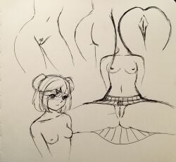 ass blush butt cute dbagdraws doki_doki_literature_club drawing flat_chest flat_chested fluffyearedfox looking_at_viewer natsuki_(doki_doki_literature_club) no_panties pigtails pubic_hair pussy sketch skirt small_ass standing teenager twintails young