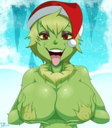 1girls 2017 big_breasts breasts dalley_le_alpha dr_seuss female female_only furry green_hair grinch how_the_grinch_stole_christmas open_mouth rule_63 santa_hat solo the_grinch the_grinchess tongue_out