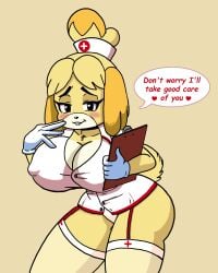 1girls animal_crossing anthro breasts cleavage dialogue dog erect_nipples erection_under_clothes female female_only furry gloves huge_breasts isabelle_(animal_crossing) latex latex_gloves nintendo nipple_bulge nurse nurse_cap nurse_uniform roga14 solo solo_female speech_bubble text white_gloves