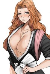 1girls areola areola_slip beauty_mark big_breasts bleach blue_eyes blush breasts busty center_opening chain_necklace chains clothed_female clothing collarbone eyelashes hand_on_hip hand_on_waist huge_breasts japanese_clothes jewerly kimono large_breasts light-skinned_female light_skin long_hair looking_at_viewer matsumoto_rangiku mole mole_under_mouth mostly_clothed necklace necklace_between_breasts neckwear nero_watch nipple_slip nipples no_bra obi orange_hair paipan pale-skinned_female pale_skin parted_lips pendant pinup plain_background presenting presenting_breasts presenting_self robe sash scarf seductive seductive_eyes seductive_look seductive_mouth seductive_pose seductive_smile shinigami shiny shiny_hair shiny_skin simple_background solo solo_focus tease teasing teasing_viewer upper_body very_long_hair voluptuous wafuku wavy_hair white_background