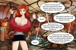 1girls 2013 amy_pond big_breasts breast_expansion breasts cleavage companion_(doctor_who) dialogue doctor_who english_text female female_only huge_breasts humor red_hair solo solo_female speech_bubble tagme tardis tardis_interior text the-litch-deviance wardrobe_malfunction