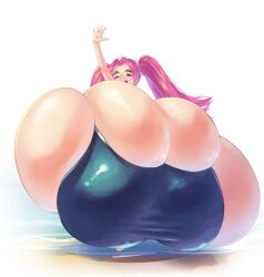 1girls beach breasts_bigger_than_body breasts_bigger_than_head breasts_bigger_than_torso eiken enormous_breasts gigantic_breasts hishaku_oreta huge_breasts hyper hyper_breasts komoe_harumachi long_hair massive_breasts pink_hair swimsuit tagme water waving