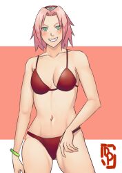 1girls bare_legs bare_shoulders bare_thighs bikini blush bracelet breasts cleavage collarbone female female_only green_eyes grin looking_at_viewer midriff naruto naruto_(series) naruto_shippuden pink_hair sakura_haruno short_hair short_pink_hair shoulder_length_hair smile solo solo_female swimsuit