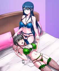 2girls bed big_breasts black_hair blue_bra blue_eyes blue_garter_belt blue_hair blue_lingerie blue_panties bra breasts busty danganronpa danganronpa:_trigger_happy_havoc danganronpa_1 danganronpa_ultra_despair_girls ear_buds female_only fishnet_legwear garter_belt garter_straps green_bra green_eyes green_garter_belt green_lingerie green_panties hand_on_head head_on_lap headphones holding_hands hourglass_figure huge_breasts hypnosis kneeling large_breasts large_breasts_lesbian laying_on_bed lingerie listening_to_music long_hair maizono_sayaka mind_control mp3_player multiple_girls naegi_komaru navel on_bed panties pillows shinzu031 short_hair smooth_skin voluptuous voluptuous_female