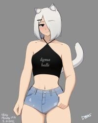 1futa black_eyes bob_cut cat_ears cat_tail dbagdraws fluffyearedfox futanari hair_covering_eye looking_at_viewer medium_hair molly_(dbagdraws) oral_invitation oral_request petite shorts white_hair