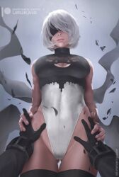 blindfold leotard nier nier:_automata short_hair thick_thighs thighhighs uruka_18 yorha_2b yorha_9s