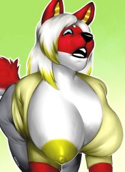 2016 anthro bent_over big_breasts big_nipples blonde_highlights blue_eyes breasts canid canine canis ch40t1c clothed clothing digital_media_(artwork) digital_painting_(artwork) female hair highlights_(coloring) looking_down mammal nipple_slip nipples partially_clothed red_body shaded solo solo_focus surprised_expression white_hair wolf yellow_nipples