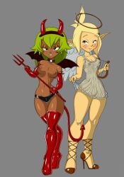 2girls amalia angel blonde_female blonde_hair breasts cra dark-skinned_female demon_girl elf evangelyne female female_only green_hair horns legs long_hair looking_at_viewer multiple_girls nipples pointy_ears princess_amalia_sheran_sharm short_hair smile tail topless velenor wakfu wings