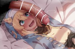 2boys absurd_res androgyne_symbol bed big_penis blonde_hair blush bridget censor_bar censored forced fully_clothed guilty_gear guilty_gear_strive high_resolution hood huge_cock large_penis long_hair male male_only mizumizuni on_bed penis penis_awe penis_on_face rape surprised sweat veiny_penis visible_breath