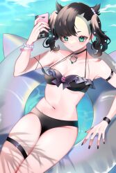 azuki_anko bikini black_bikini black_hair black_swimsuit blue_eyes bracelet breasts choker earrings female hair_ornament holding_phone innertube marnie_(pokemon) medium_breasts navel nintendo painted_fingernails phone pokemon pokemon_ss swimsuit thigh_strap twintails water