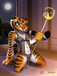 absurd_res anthro athletic_female bodily_fluids breasts clothed clothing dreamworks felid female female_abs fit_female genitals hi_res kung_fu_panda lingerie link6432 mammal master_tigress nipples nude pantherine panties pussy smile solo tiger topwear underwear