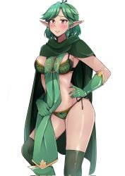 2022 ahoge bangs blush boots borrowed_character bra brown_eyes cape cleric cloak dungeons_and_dragons elf elf_ears elf_girl eriawynn flashing flashing_panties gloves green_hair knee_boots lathander panties pointy_ears short_hair tales_from_the_tables thighhighs thighs underwear wakkiau zettai_ryouiki