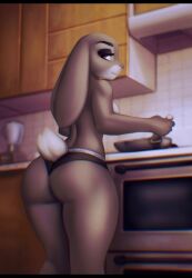 2022 anthro aozee ass black_eyeshadow black_pupils blender_(object) breasts cooking dat_ass digital_media_(artwork) disney eyebrows eyelashes female female_only frying_pan furry furry_female furry_only judy_hopps kitchen lagomorph lagomorph_humanoid looking_at_viewer mammal mammal_humanoid no_humans panties panties_only purple_eyes rabbit rabbit_humanoid rear_view shorts small_tail smile smiling_at_viewer solo solo_female standing stove tagme tail tile_wall topless topless_female white_sclera zootopia