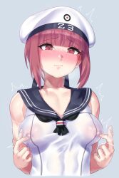 blush breasts female hat highres kantai_collection medium_breasts mizuumi_(bb) nipple_tweak nose_blush red_eyes red_hair sailor_hat short_hair solo upper_body white_headwear z3_max_schultz_(kantai_collection)