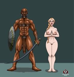 1boy 1girls big_penis blonde_female blonde_hair dark-skinned_male dark_skin female illustratedsins interracial looking_at_viewer male nude sword