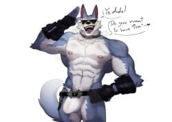 abs absurd_res anthro belt big_muscles black_nose blue_body blue_fur bottomwear bulge canid canine canis clothed clothing collar dialogue dislyte ear_piercing eyewear freddy_(dislyte) fur hi_res male male_only mammal multicolored_body multicolored_fur muscular muscular_anthro muscular_male nipples open_mouth open_smile pecs piercing prick_ears rabbitdx26 scar sharp_teeth simple_background smile solo sunglasses teeth topless two_tone_body two_tone_fur white_background white_body white_fur wolf