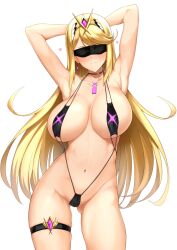 arms_behind_head blindfold blonde_female blonde_hair breasts choker core_crystal earrings female halcon harukon_(halcon) large_breasts long_hair mythra navel nintendo one-piece_swimsuit slingshot_swimsuit swimsuit thigh_strap tiara xenoblade_(series) xenoblade_chronicles_2