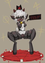 bell_collar belly black_crown black_skin blush bondage cult_of_the_lamb furry hornysparks lamb_(cult_of_the_lamb) pentagram pussy small_breasts thick_thighs white_fur yiff