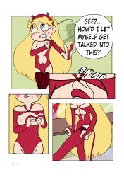 a_star_is_porn_(comic) bare_chest blonde_hair blue_eyes boots comic comic_page disney disney_channel disney_xd dressing english_text female groin hairband legs leotard long_boots long_hair nipples pettanko red_hairband red_leotard small_breasts star_butterfly star_vs_the_forces_of_evil tail teenage teenage_girl teenager tight_clothes tongue tongue_out travis-t_(artists)