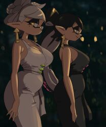 bare_arms belly big_breasts black_hair breasts callie_(splatoon) dress ear_piercing earrings evening_gown female fully_clothed light-skinned_female light_hair light_skin long_hair marie_(splatoon) mole mole_under_eye multicolored_hair outdoors outside pink_hair pointed_ears pointy_ears short_hair side_view silver_hair splatoon symbol-shaped_pupils tagme tentacle_hair twintails white_hair y_agc yellow_eyes yuta_agc