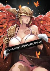 1girls areola_slip areolae armor big_breasts breasts_out censored censored_breasts elden_ring empyrean female female_only fromsoftware goddess light-skinned_female malenia_blade_of_miquella mikeymegamega red_hair thick_thighs upskirt