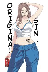 1girls armpits arms_up bronyangg character_request cleavage coca-cola eyewear female female_only glasses huge_breasts light-skinned_female midriff navel overflowing_breasts sideboob