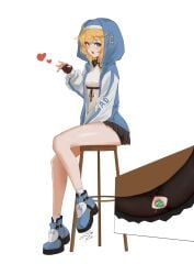 1boy anal_insertion androgynous anus ass blonde_hair blush bridget buttplug cute eye_contact fingerless_gloves gloves green_eyes guilty_gear guilty_gear_strive hearts hole_in_shorts looking_at_viewer male male_only shorts sitting sitting_on_chair skirt solo thighs vyun